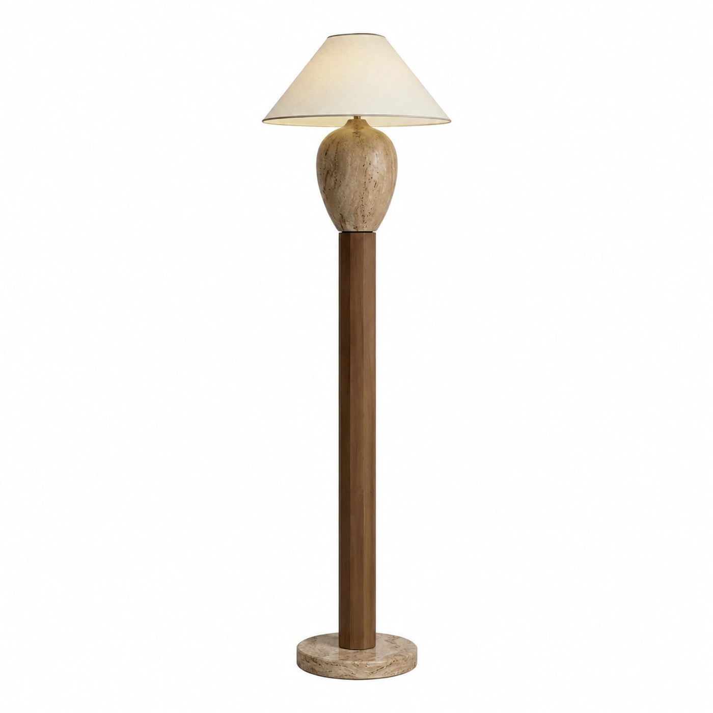 Travertine and Wood Floor Lamp with Cream Shade