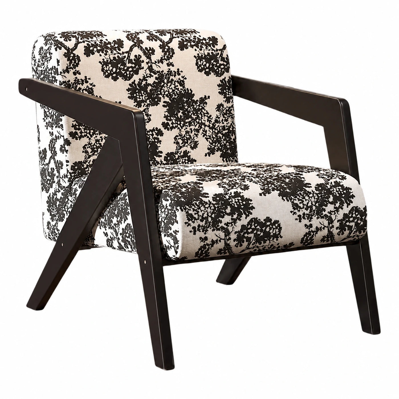 Black and White Floral Print Armchair with Dark Wood Frame