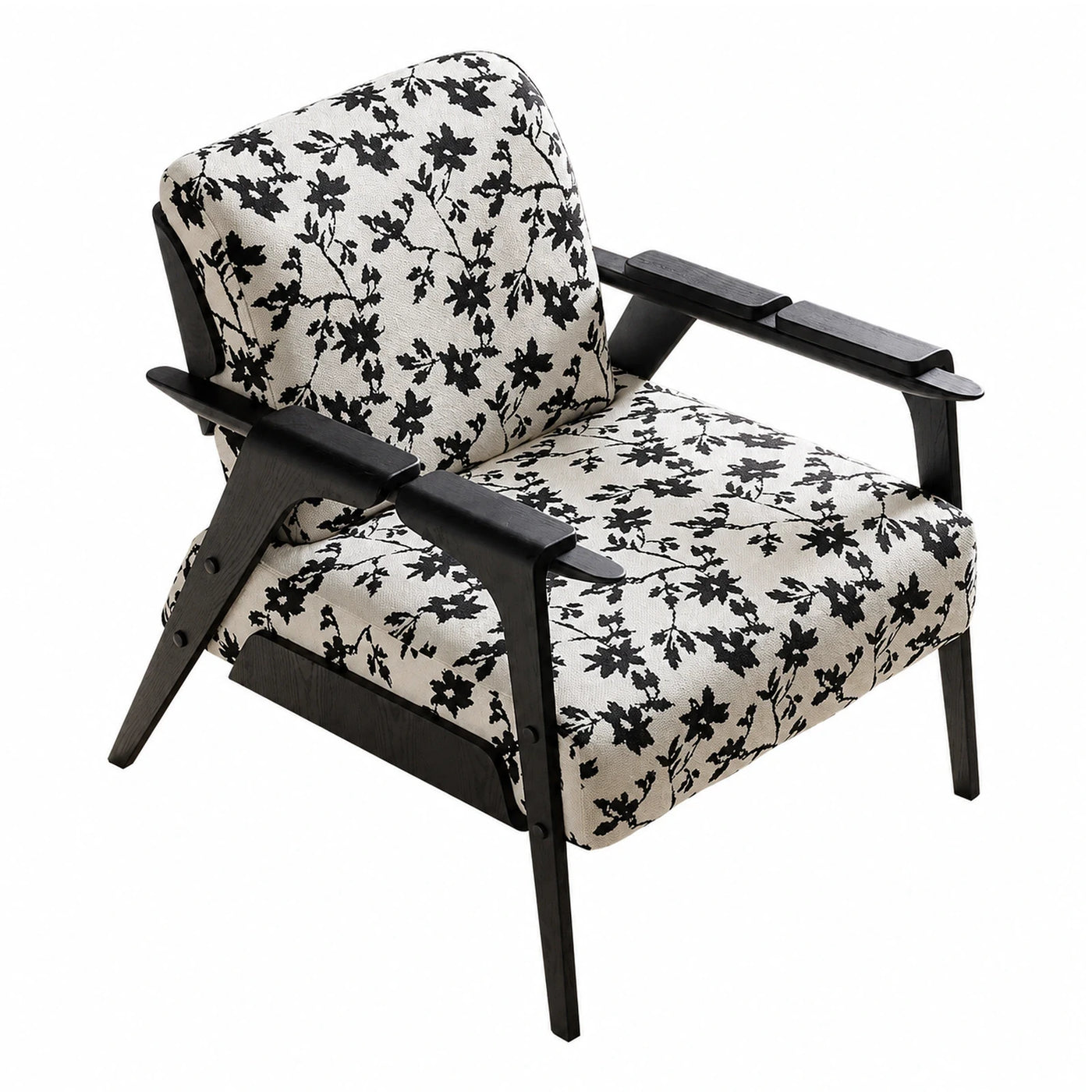 Black Floral Print Armchair with Wooden Frame