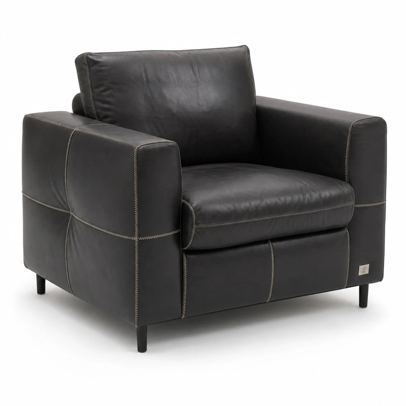 Black Leather Armchair with Contrast Stitching