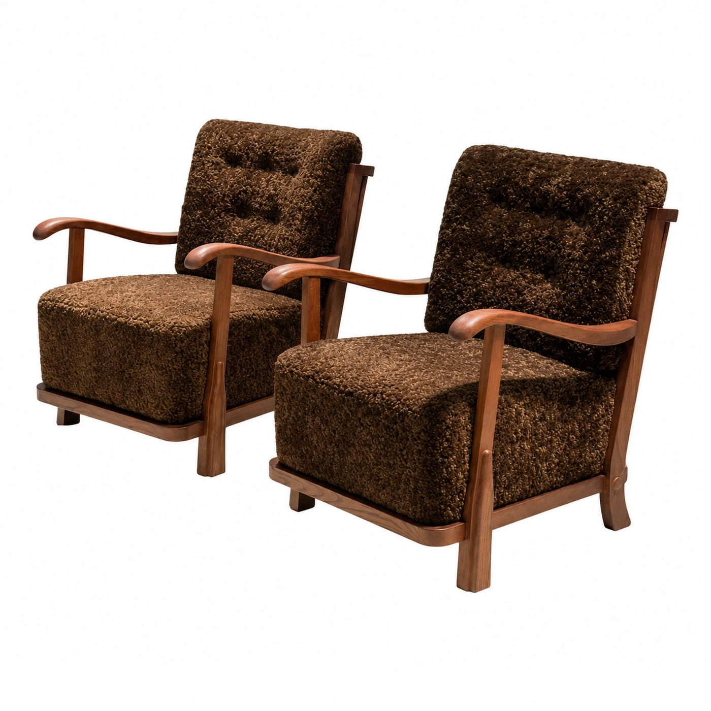 Brown Boucle Armchairs with Wooden Frame