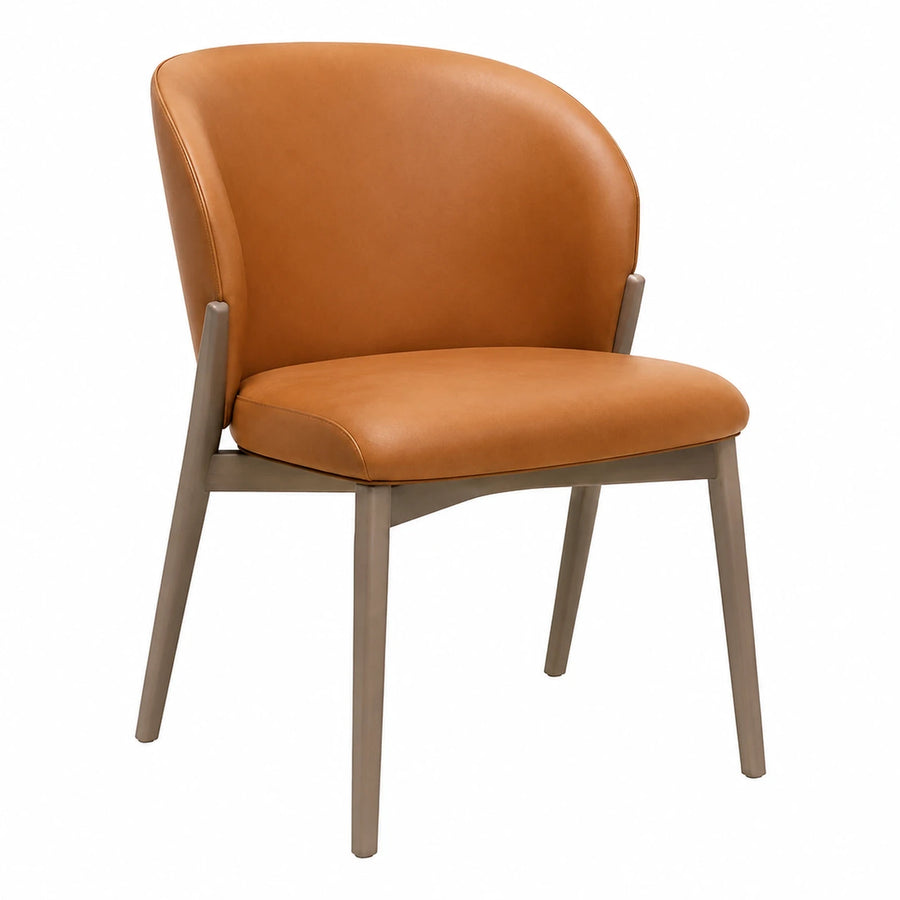 Modern Tan Leather Dining Chair with Wooden Legs