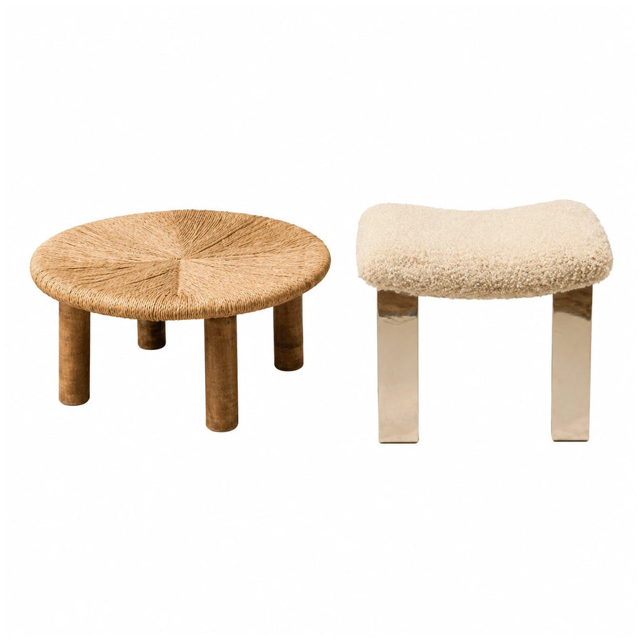 Round Woven Stool and Cream Boucle Bench Set