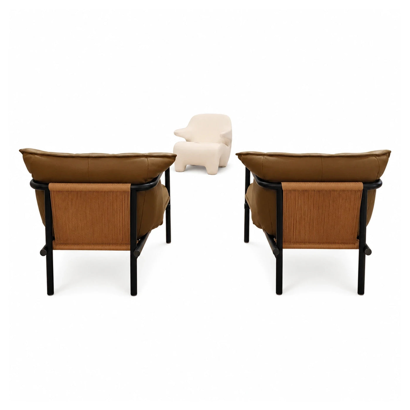 Brown Leather Armchair with Woven Back and Black Metal Frame