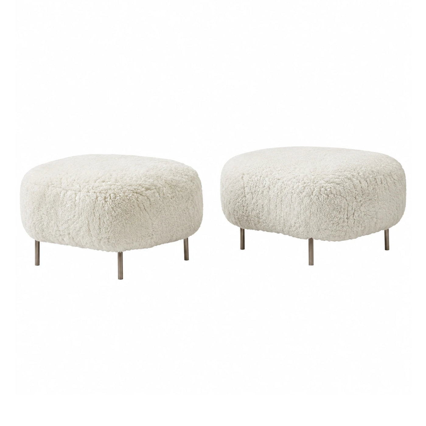 White Boucle Round Ottoman Set with Metal Legs