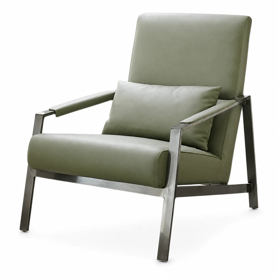 Green Leather Armchair with Metal Frame