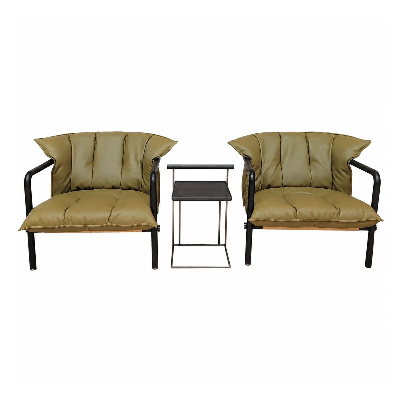 Olive Green Leather Armchair Set with Side Table