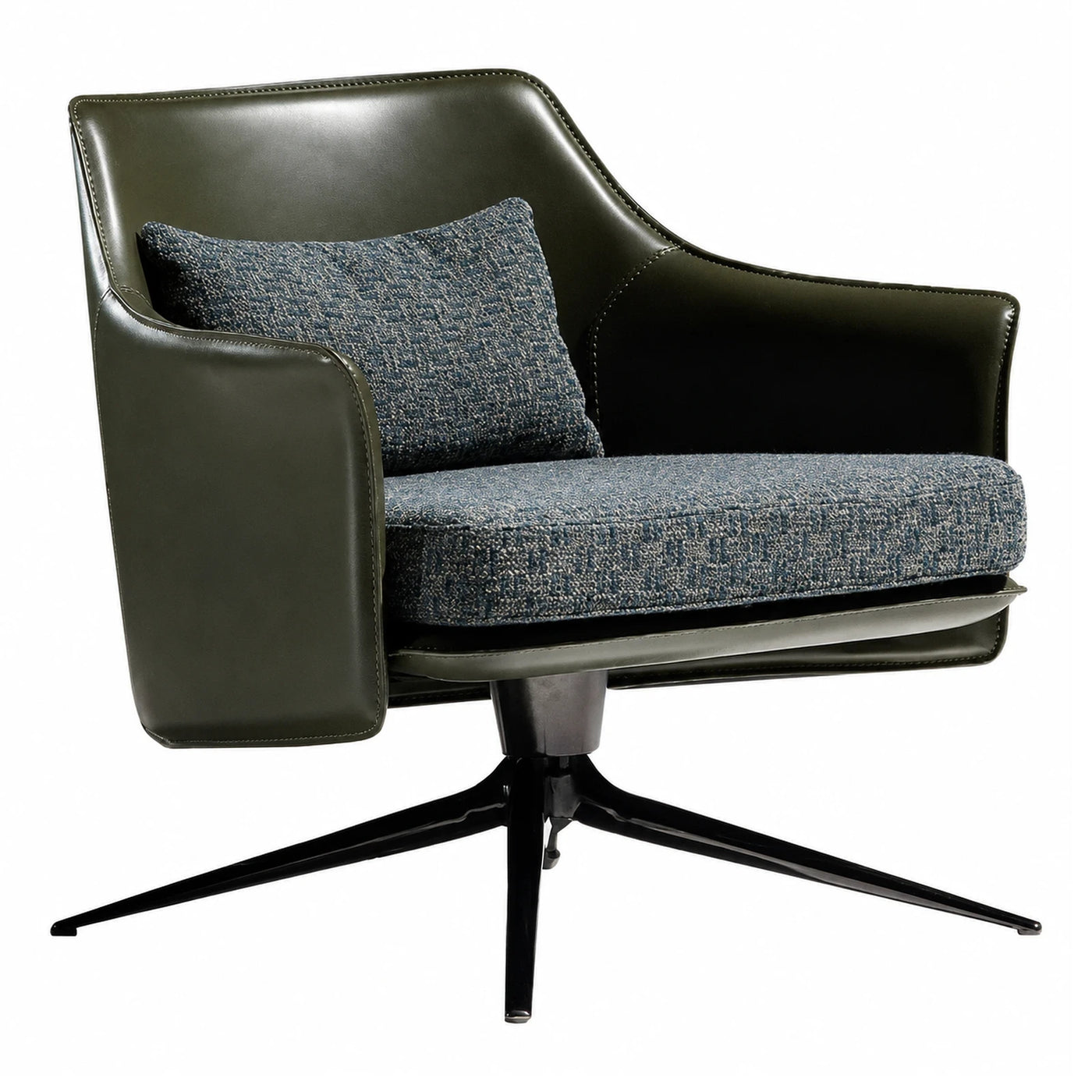 Green Leather Swivel Armchair with Blue Fabric Seat