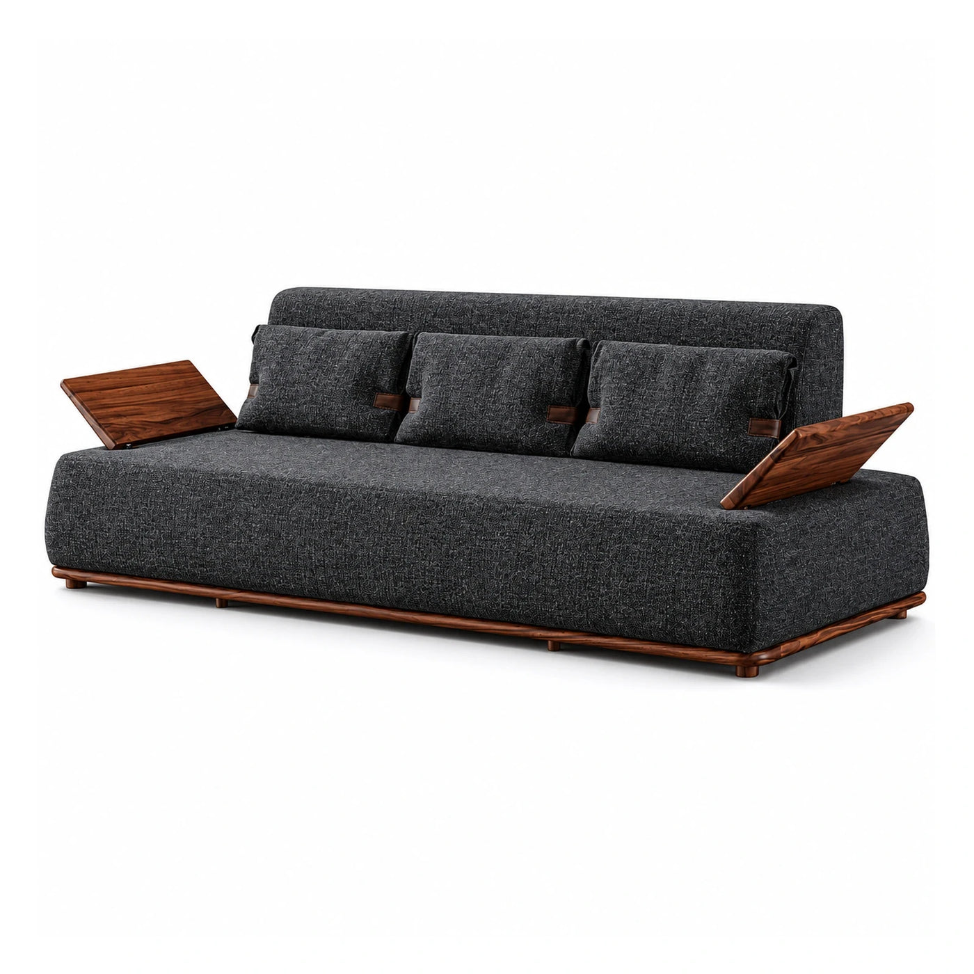 Dark Grey Fabric Sofa with Wooden Side Tables