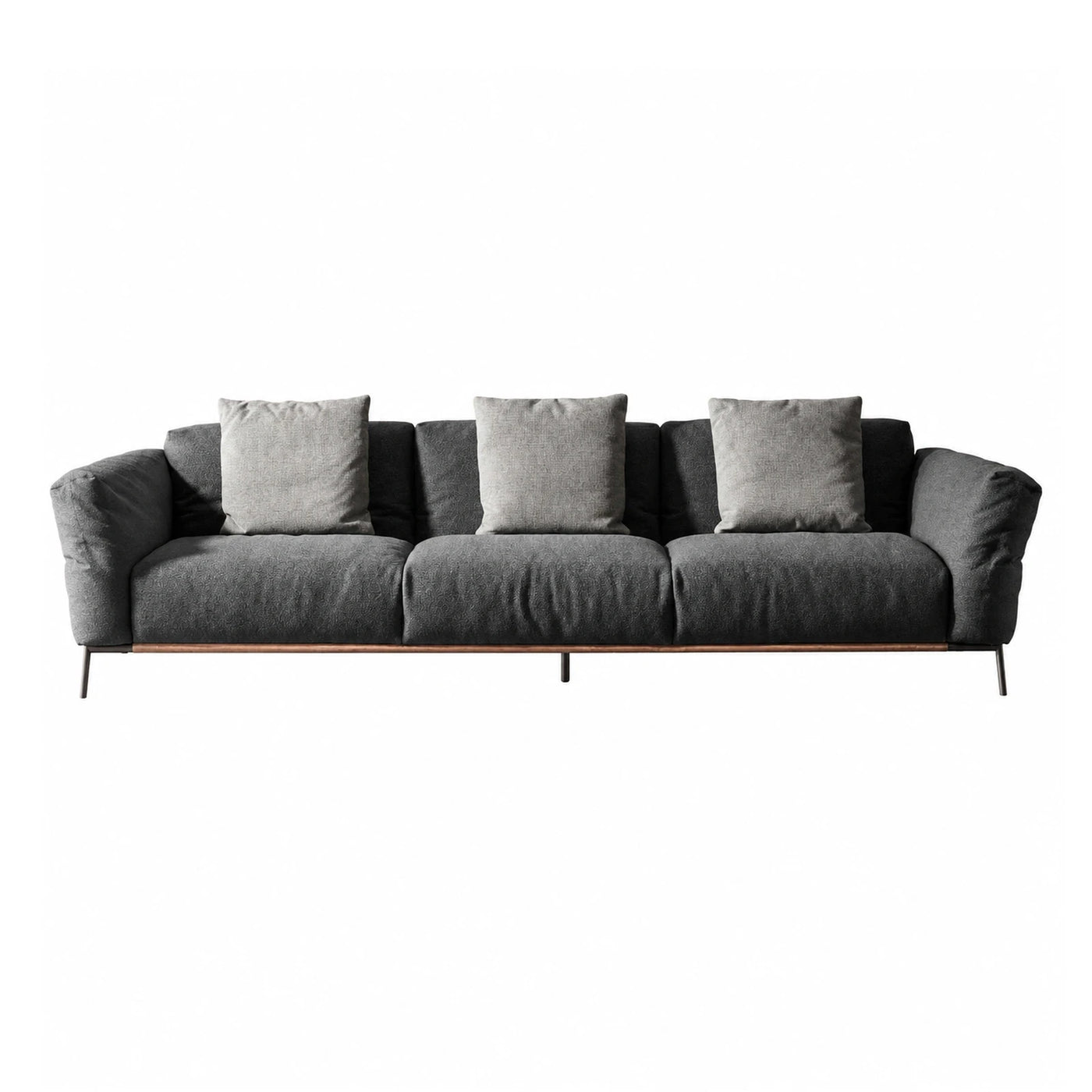 Grey Fabric Three-Seater Sofa with Wooden Base