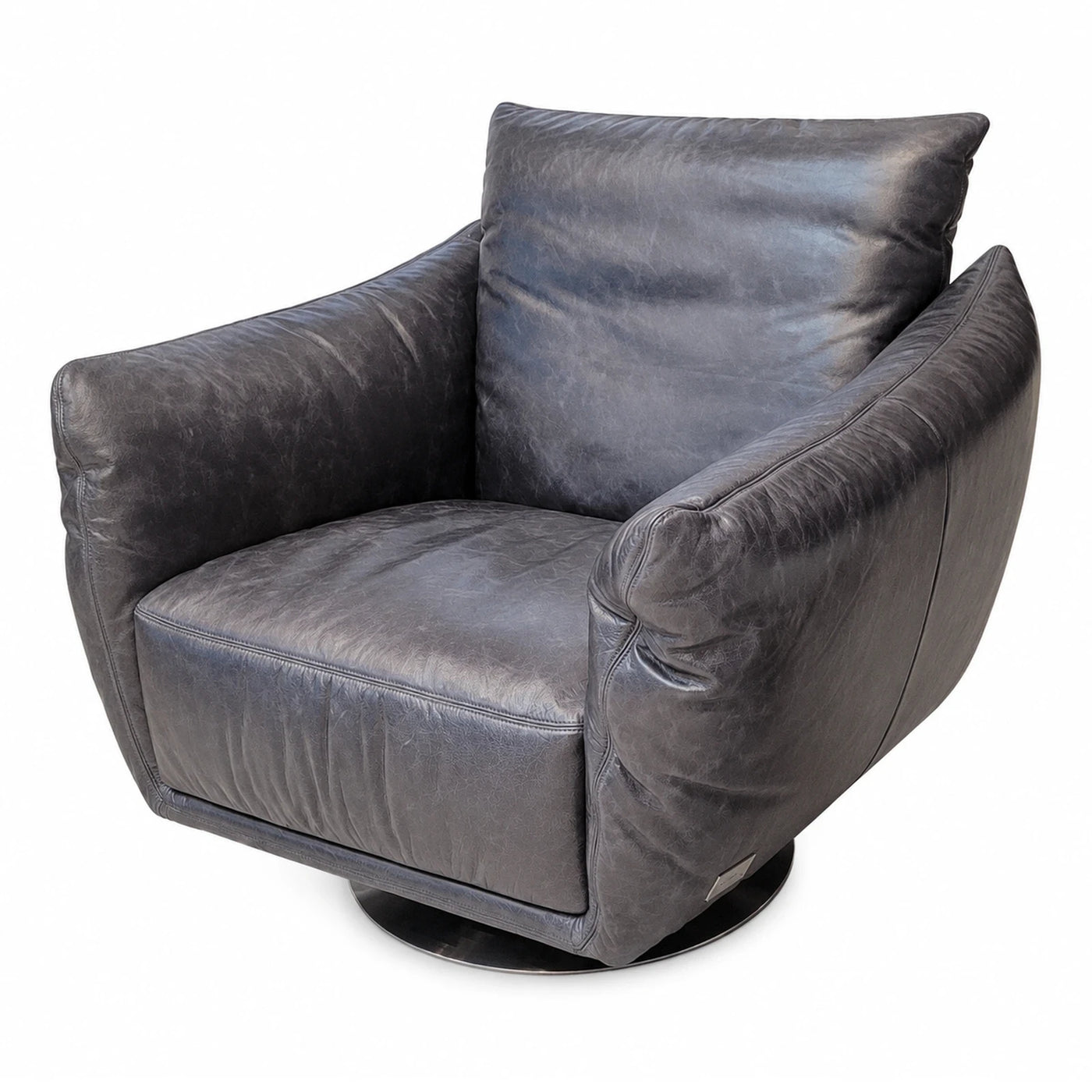 Grey Leather Swivel Armchair with Cushion