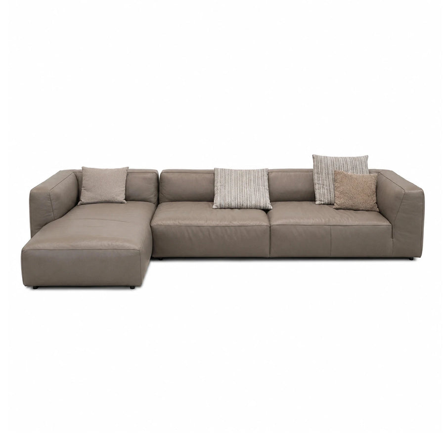 Modern Taupe Leather Sectional Sofa with Chaise