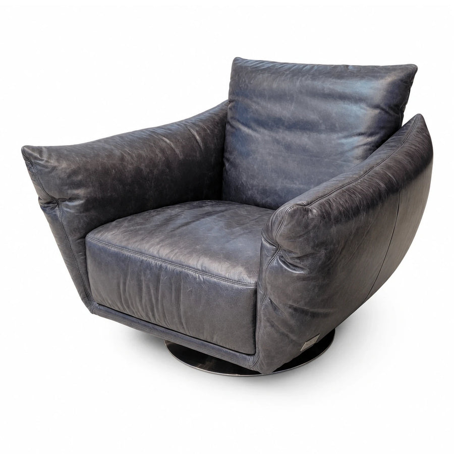 Wide Plank Dark Grey Leather Swivel Armchair