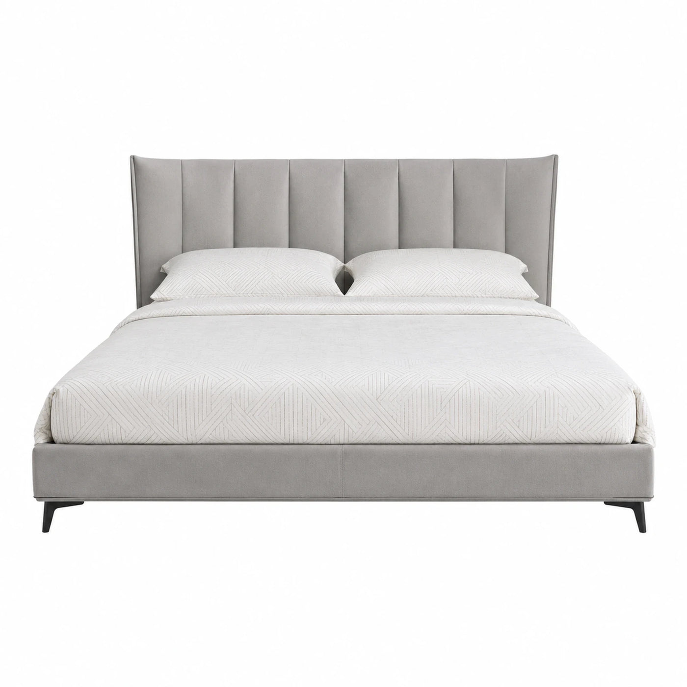 Grey Upholstered Platform Bed with Vertical Channel Headboard