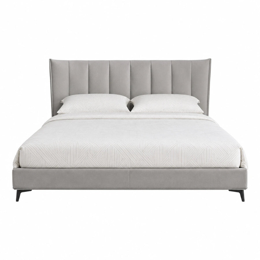 Grey Upholstered Platform Bed with Vertical Channel Headboard