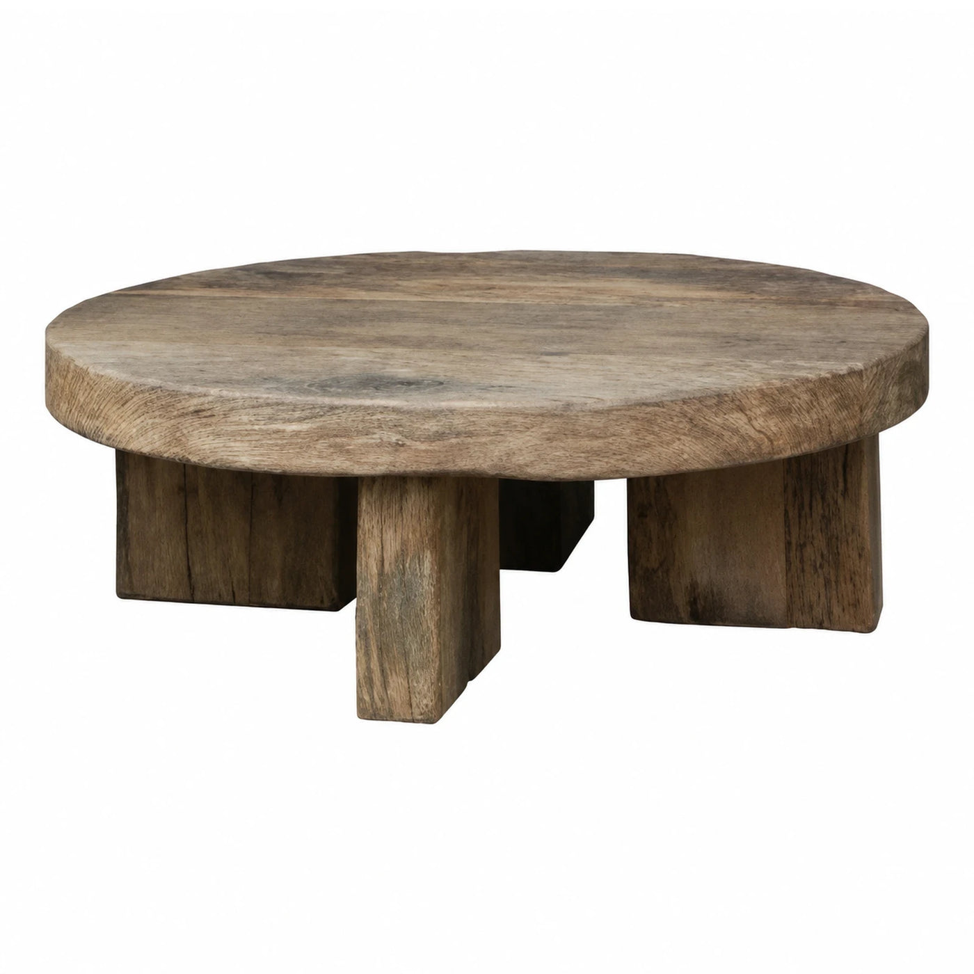 Round Reclaimed Wood Coffee Table with Block Legs