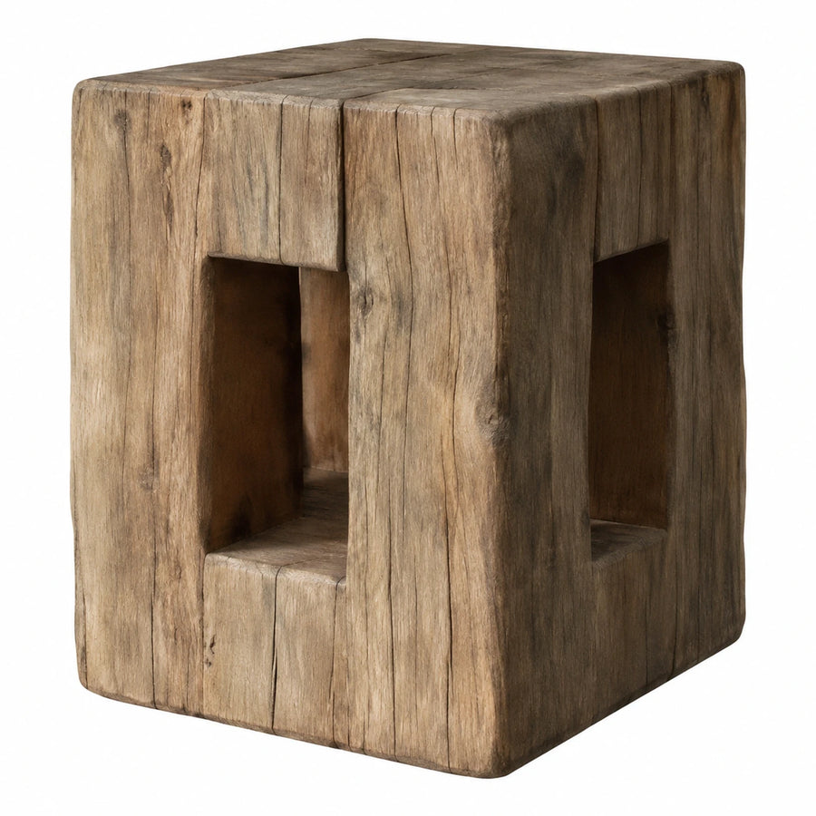 Rustic Solid Wood Cube Stool with Cutouts