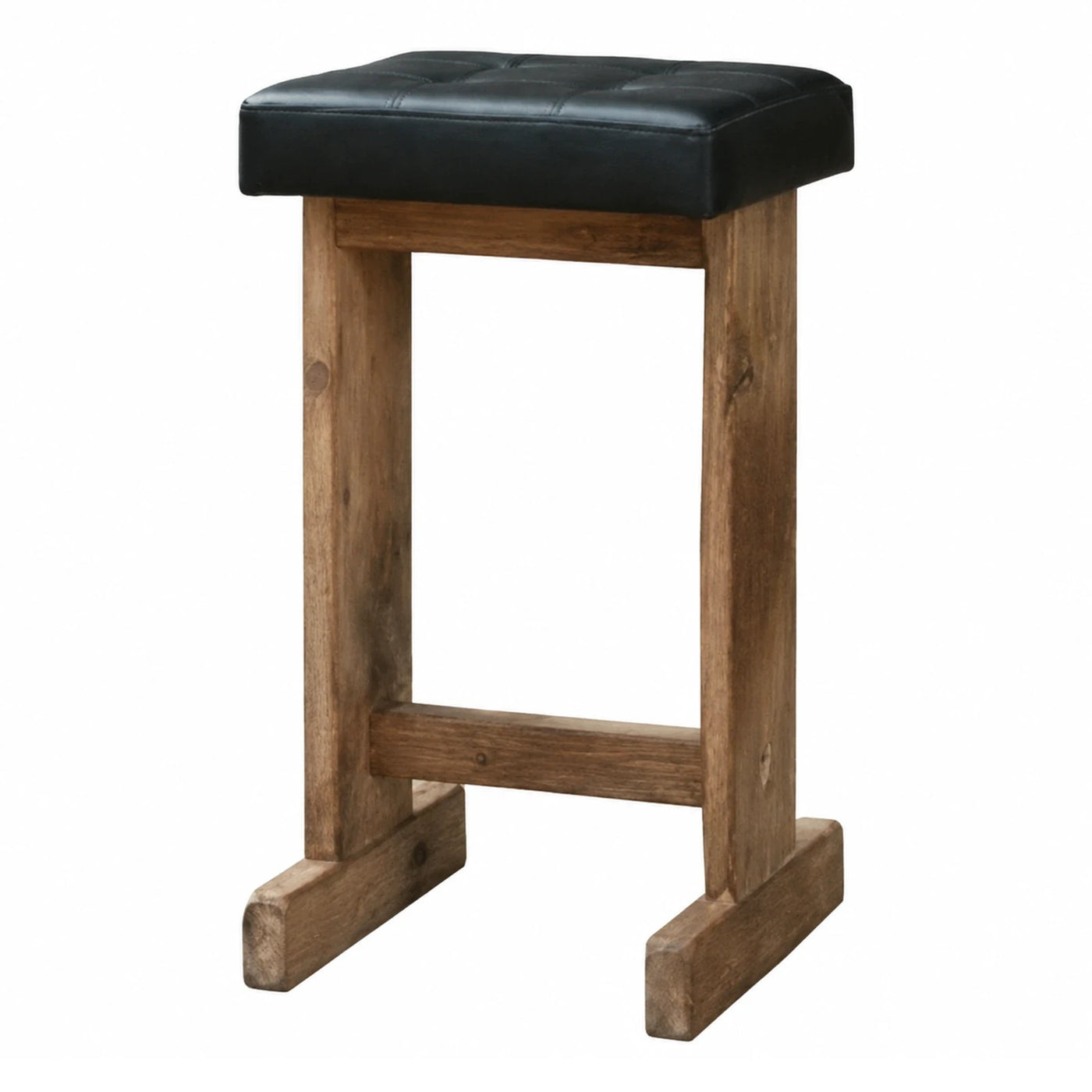 Rustic Wood Counter Stool with Black Tufted Seat
