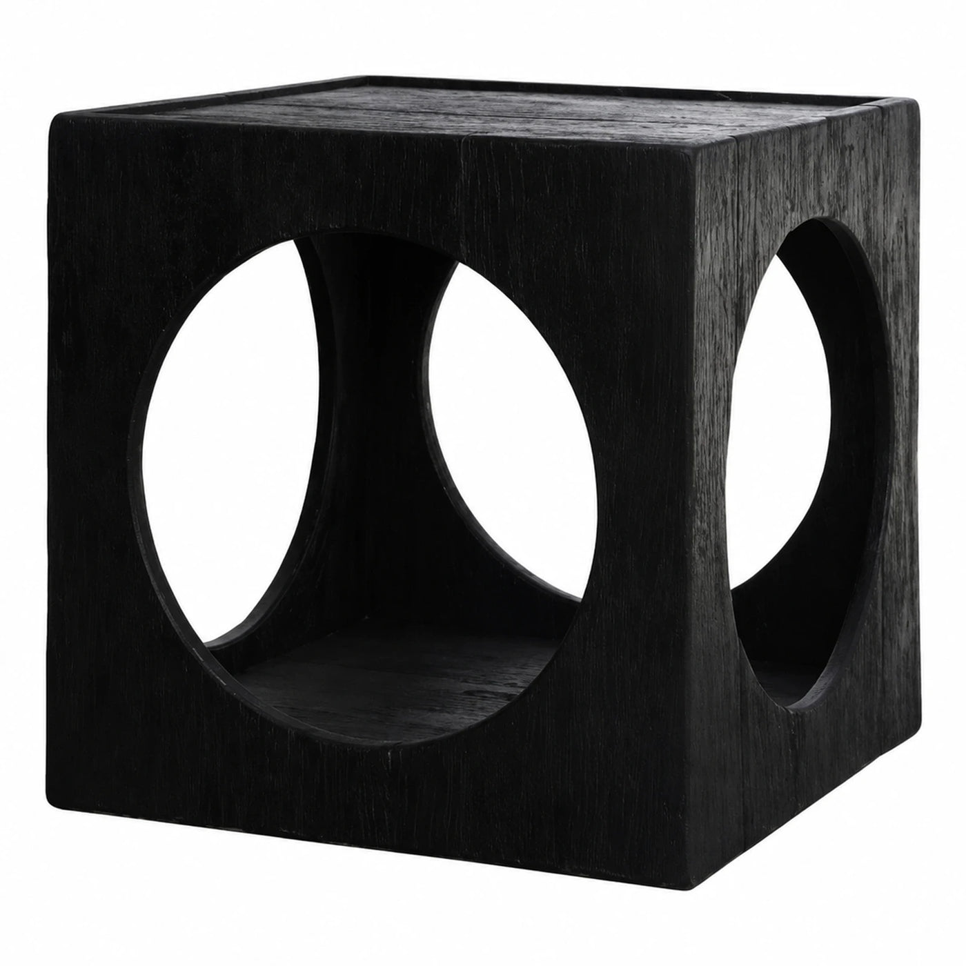 Black Wood Cube Side Table with Circular Cutouts