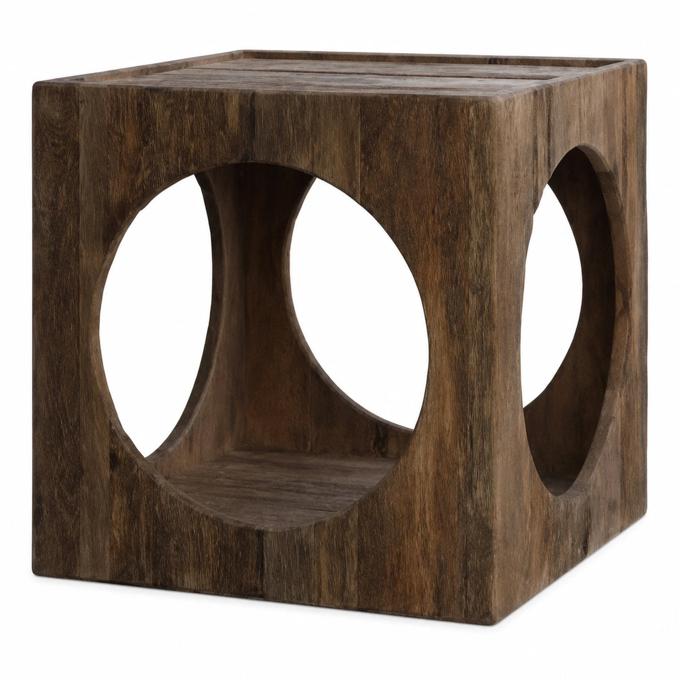 Rustic Wood Cube Side Table with Circular Cutouts