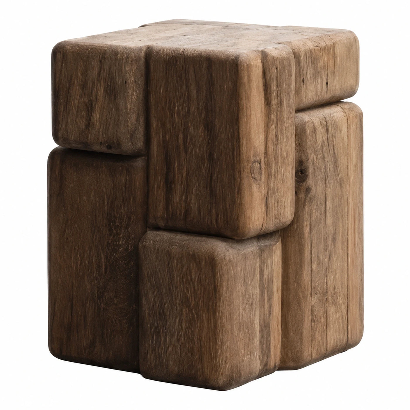 Solid Wood Cube Stool with Interlocking Block Design