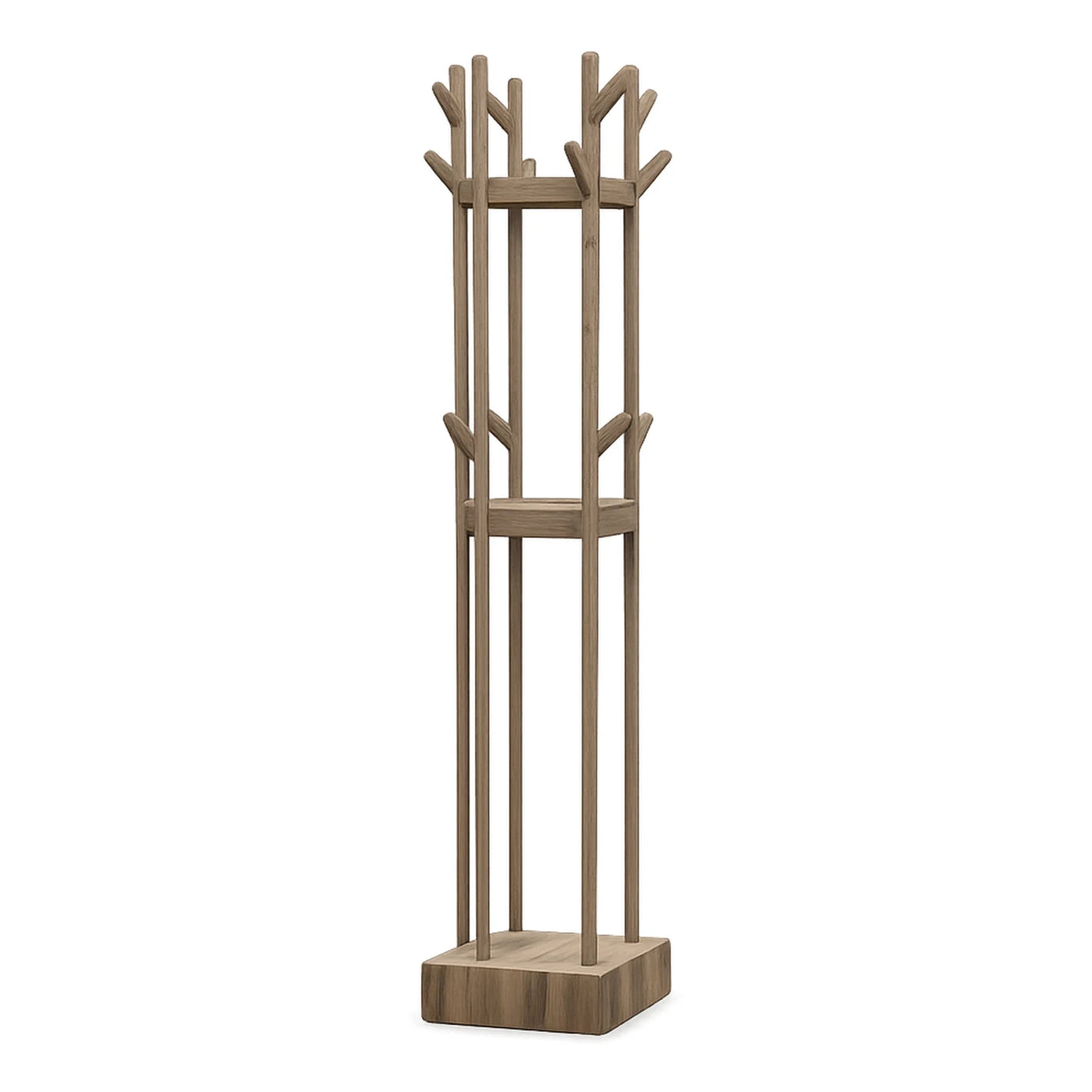 Wooden Coat Rack with Branch Hooks and Shelf