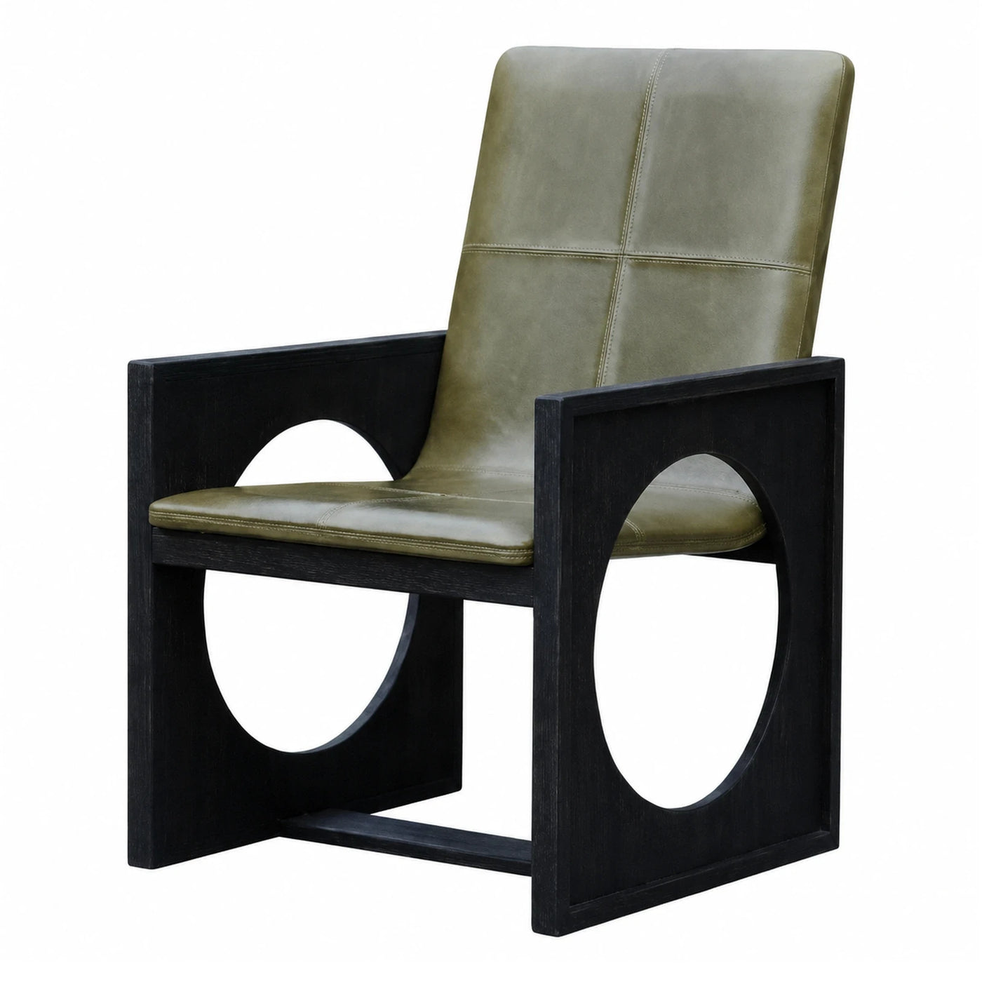 Green Leather Armchair with Black Wood Frame