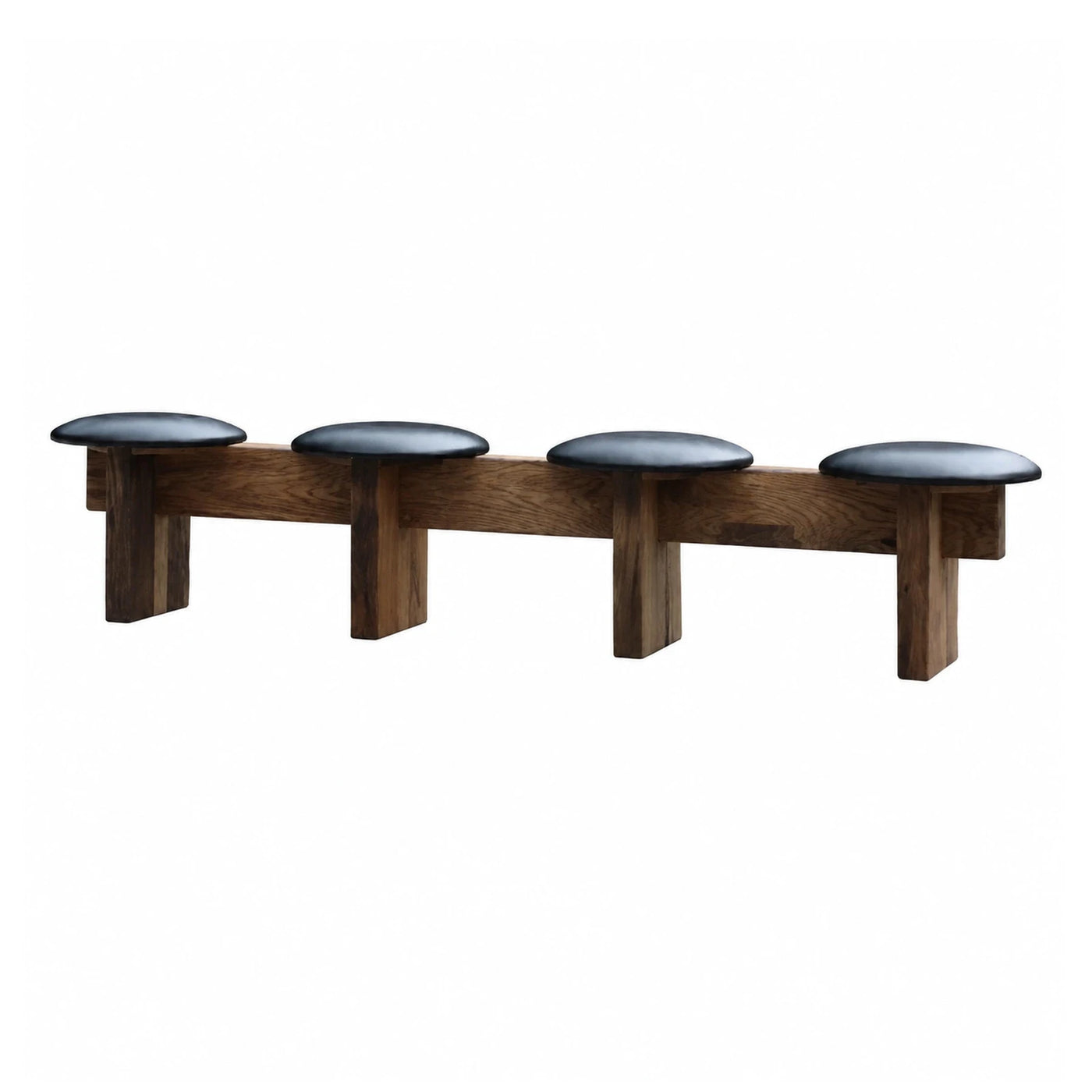 Four Seat Wooden Bench with Black Cushions