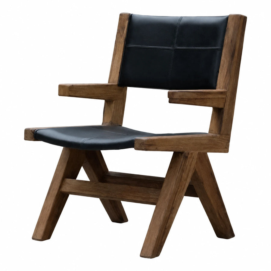 Solid Wood Armchair with Black Leather Seat and Backrest