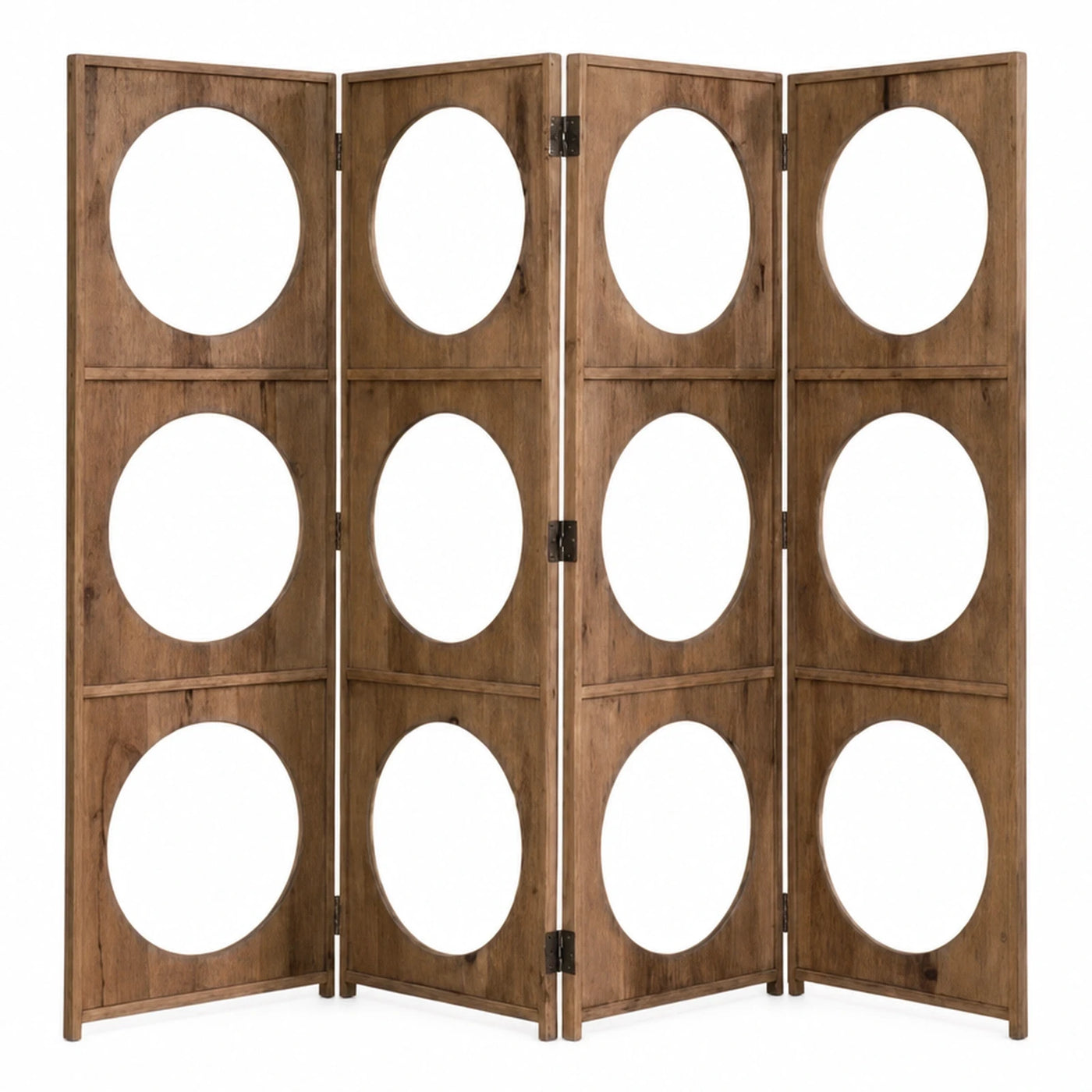 Four Panel Wooden Room Divider with Circular Cutouts