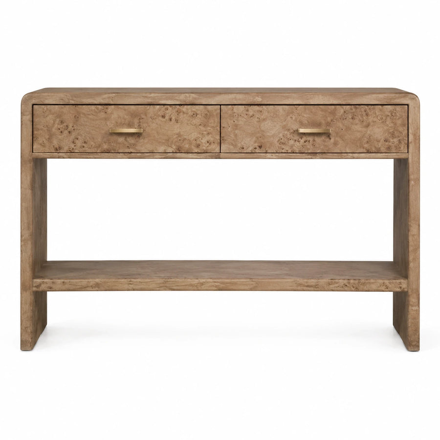 Burl Wood Console Table with Drawers and Shelf
