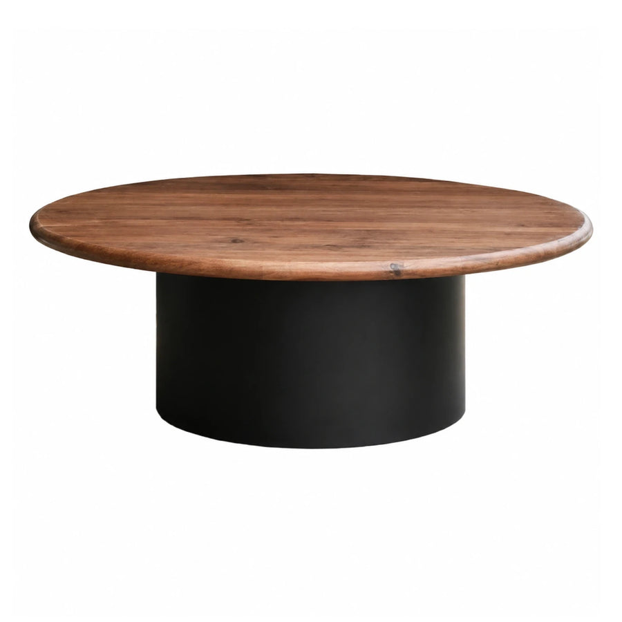 Round Wood Top Coffee Table with Black Cylinder Base