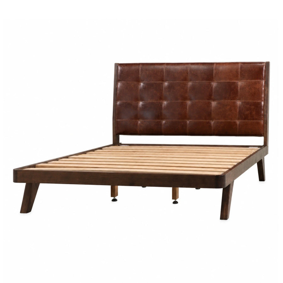 Brown Leather Upholstered Platform Bed Frame