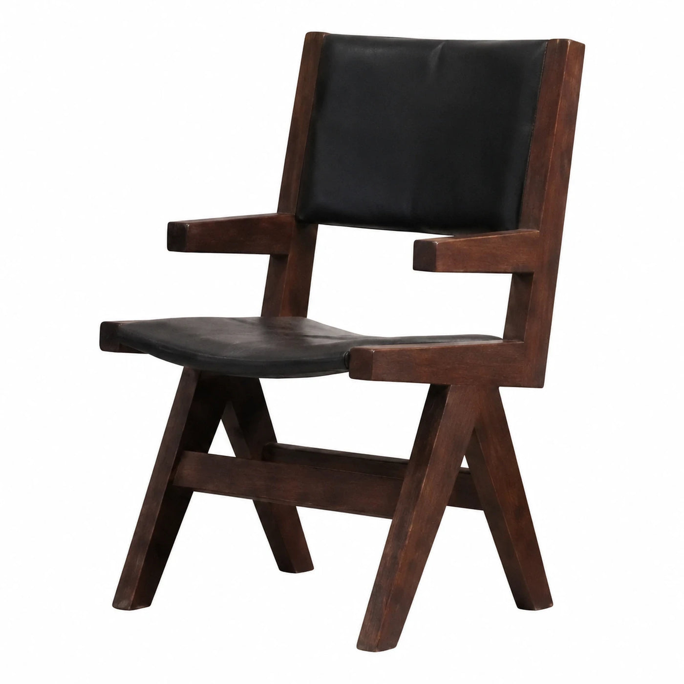 Dark Wood Armchair with Black Leather Seat and Back