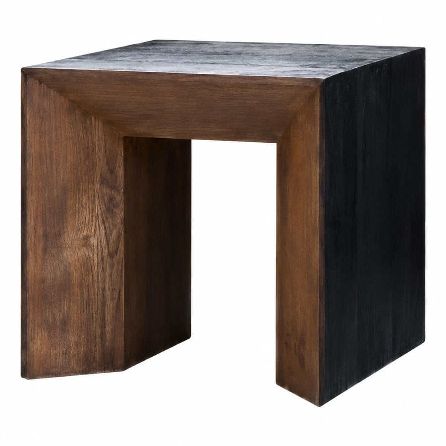Dark Wood Block End Table with Stone Top