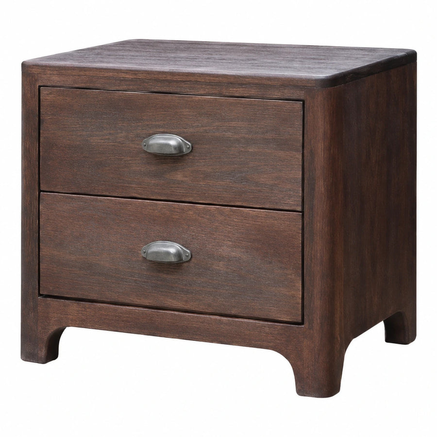 Dark Wood Two-Drawer Nightstand with Metal Handles