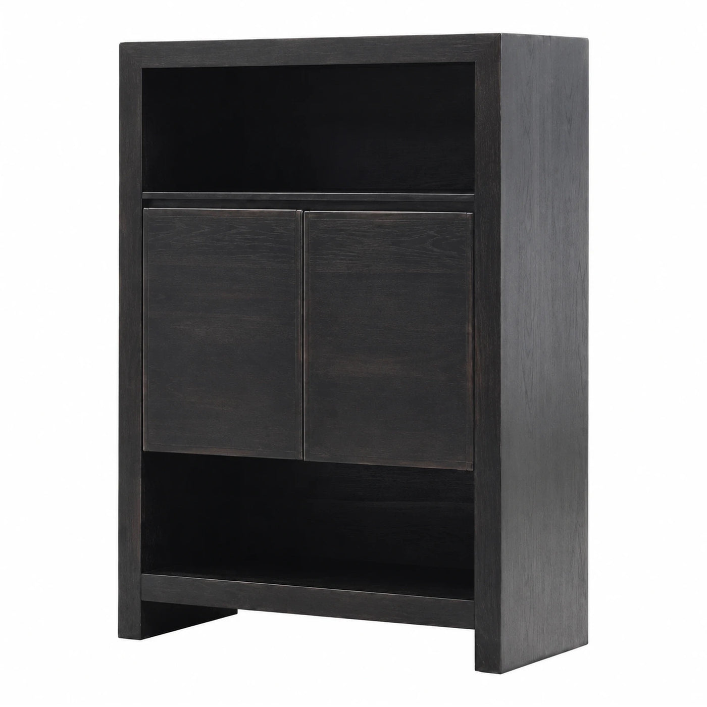 Black Wood Cabinet with Open Shelves and Doors