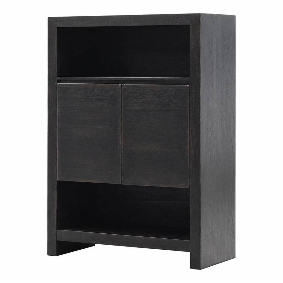 Black Wood Cabinet with Open Shelves and Doors