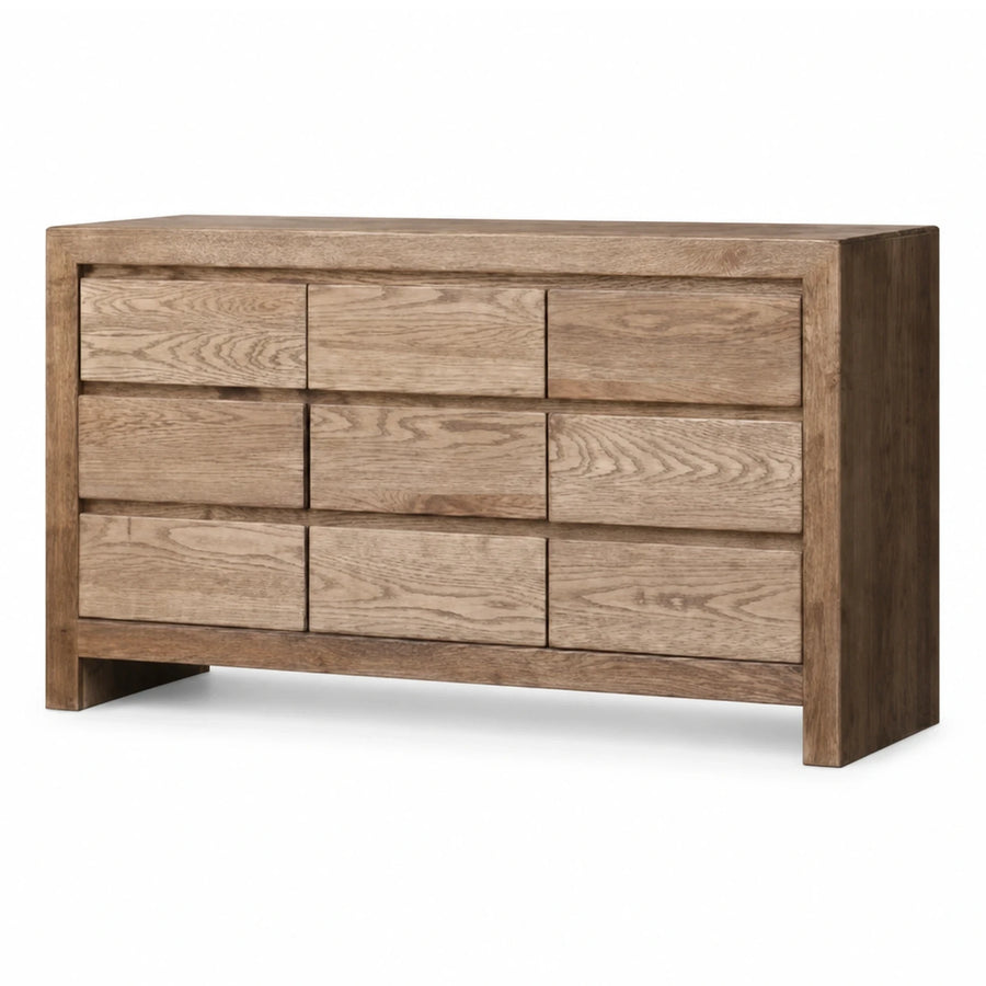Nine-Drawer Wooden Dresser with Natural Grain Finish
