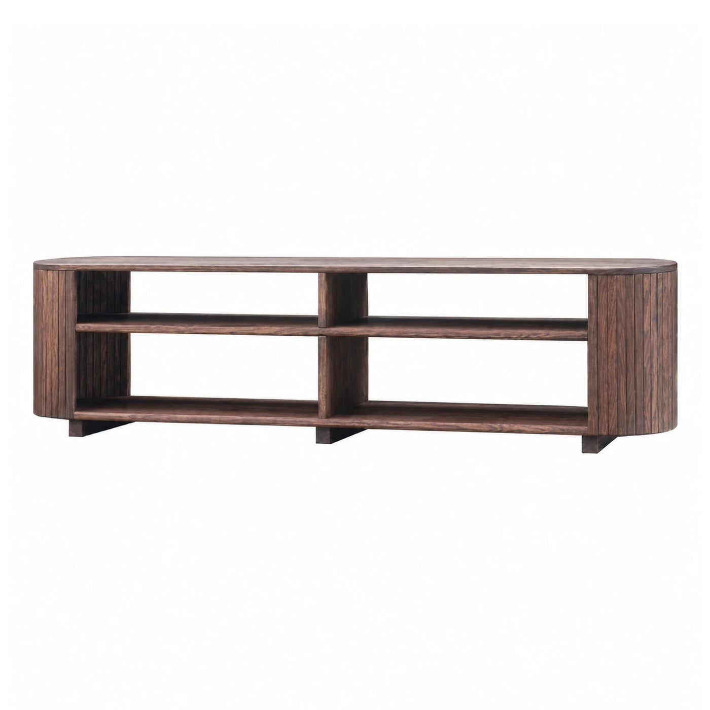 Dark Wood Oval TV Stand with Open Shelving