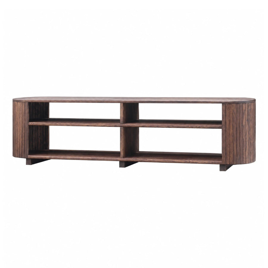 Dark Wood Oval TV Stand with Open Shelving