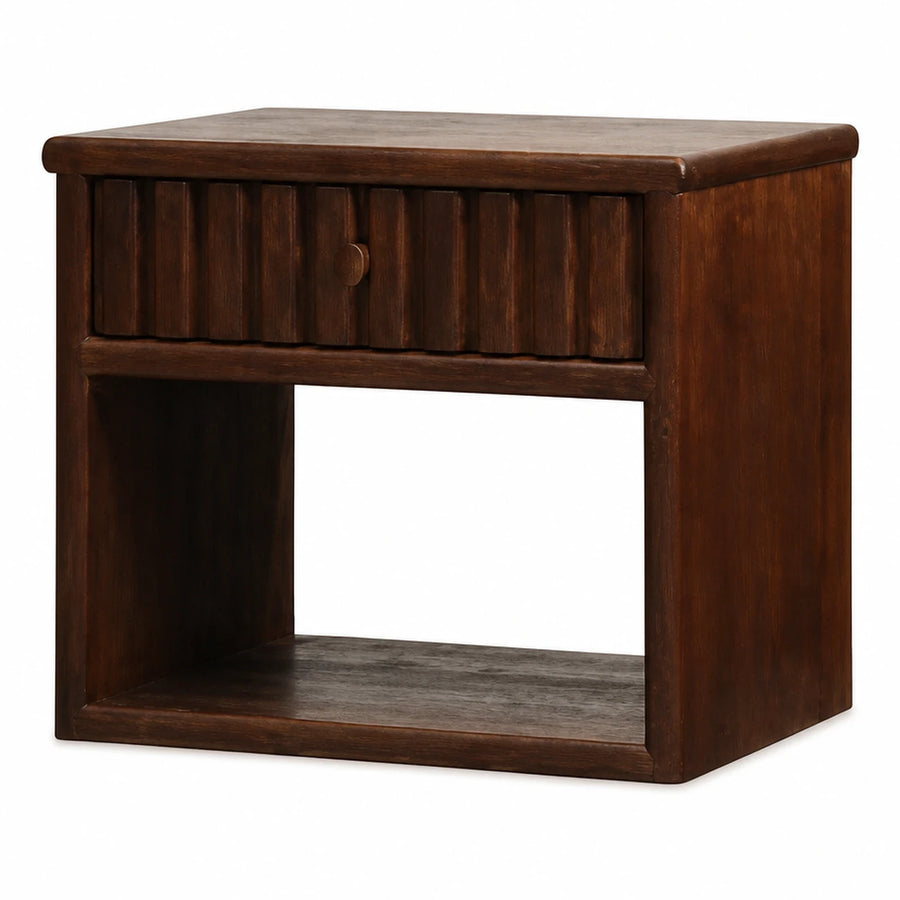 Dark Wood Nightstand with Fluted Drawer and Open Shelf