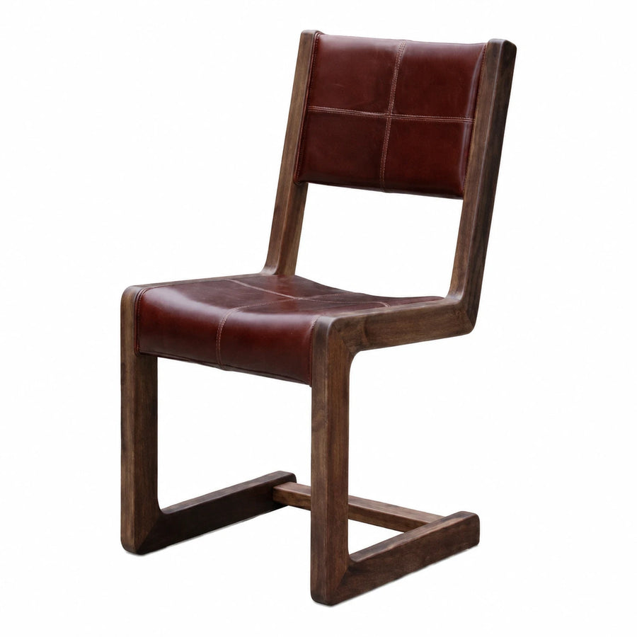 Brown Leather Cantilever Dining Chair with Wood Frame