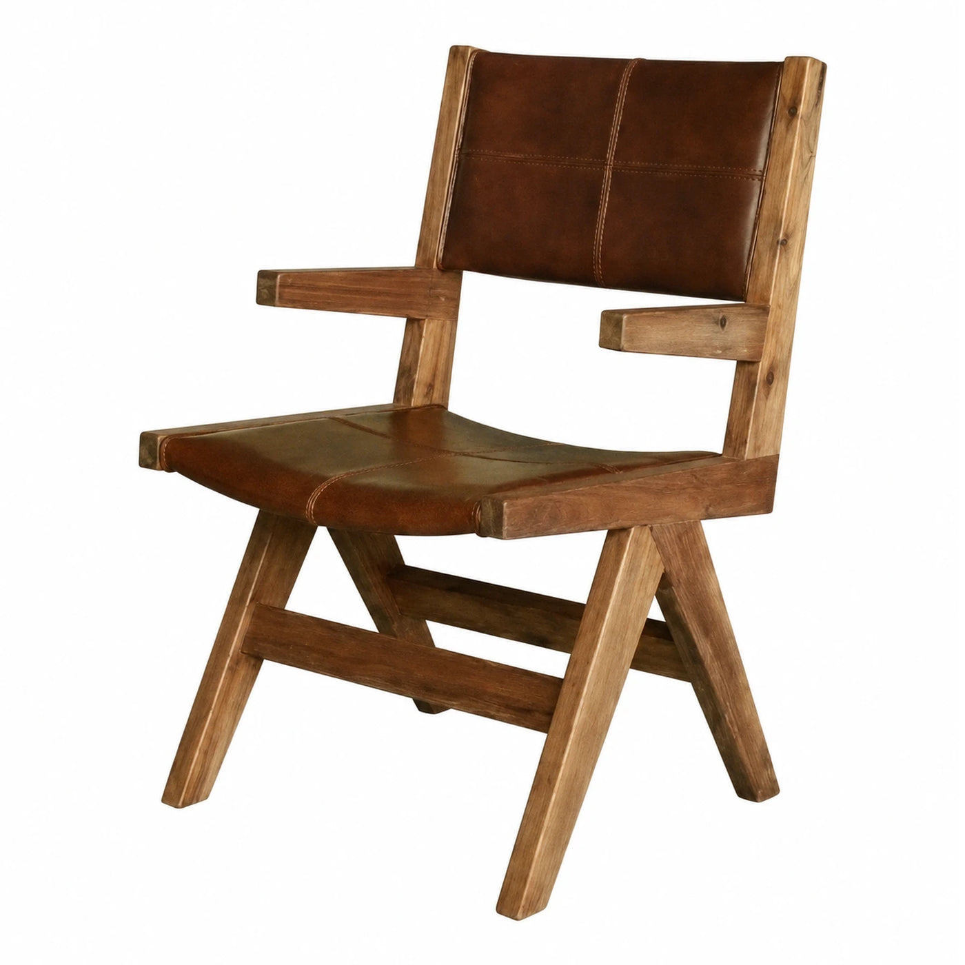 Brown Leather and Wood Armchair with Cross Legs