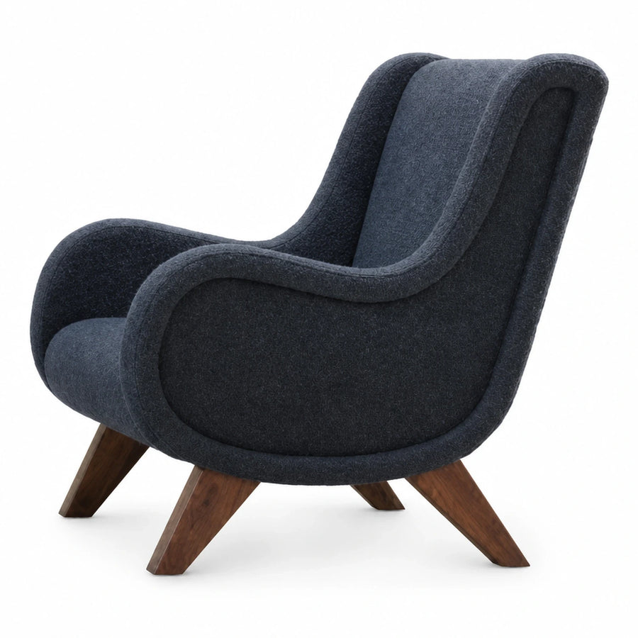 Dark Blue Boucle Lounge Chair with Wooden Legs