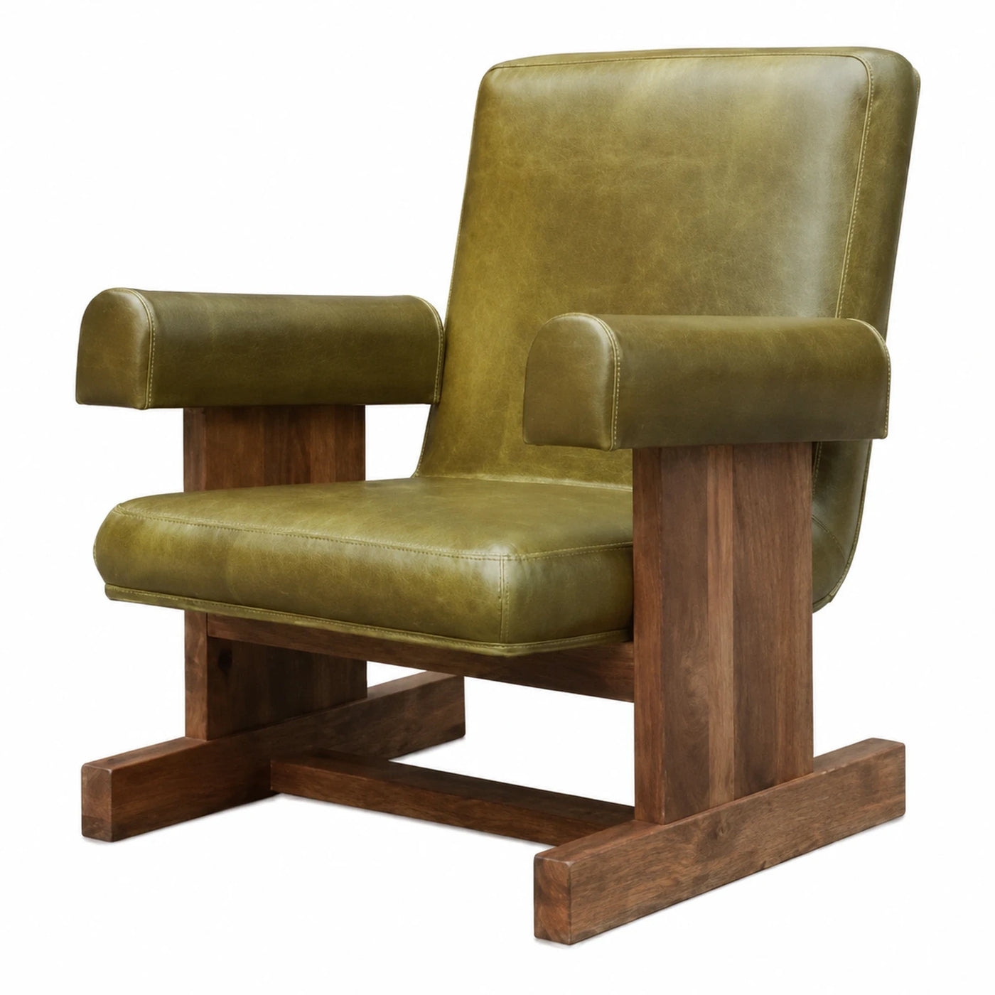 Green Leather Armchair with Wooden Base