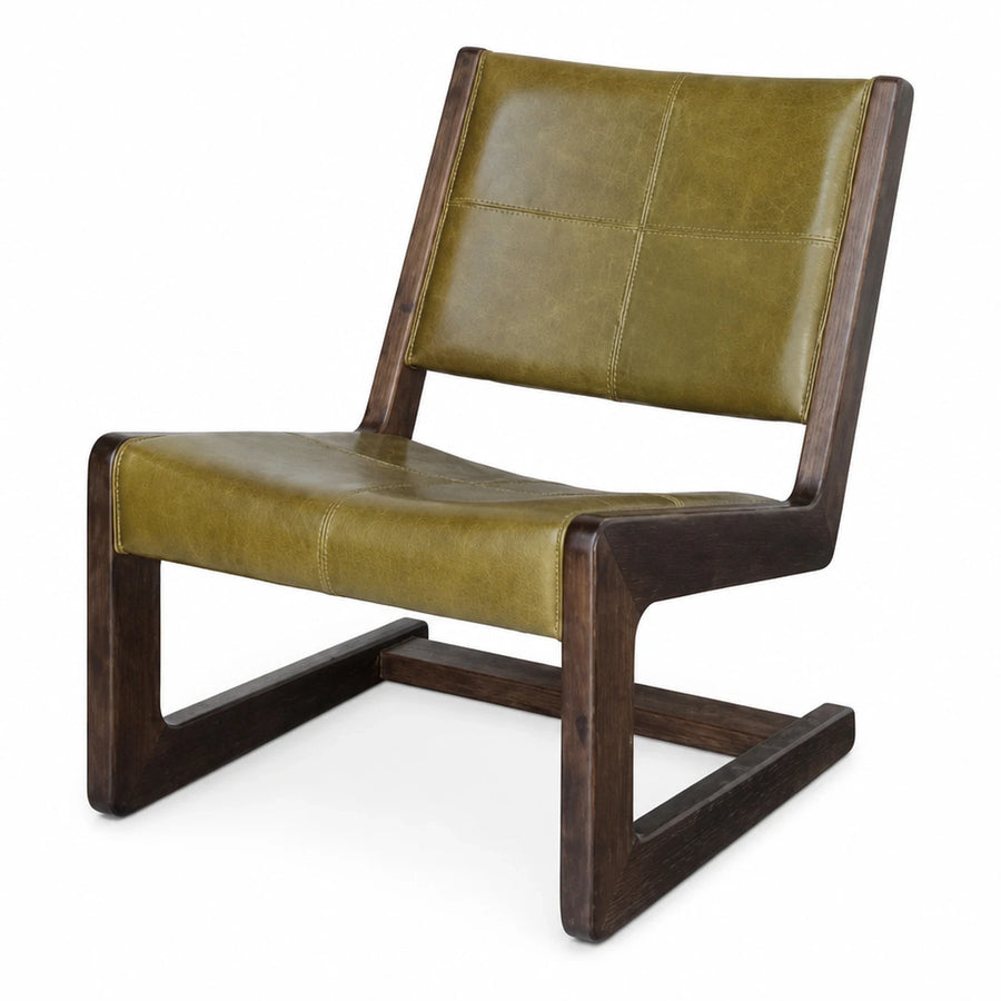 Green Leather Lounge Chair with Dark Wood Frame