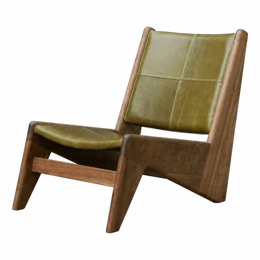 Green Leather Lounge Chair with Walnut Wood Frame