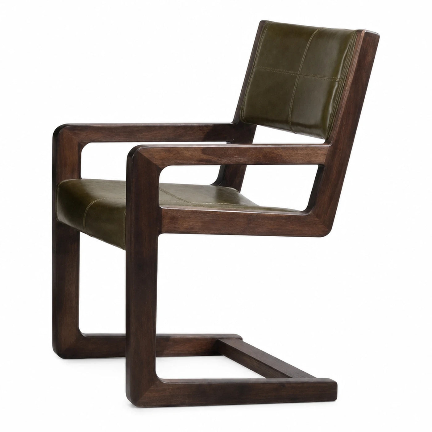 Dark Wood Frame Green Leather Cantilever Armchair