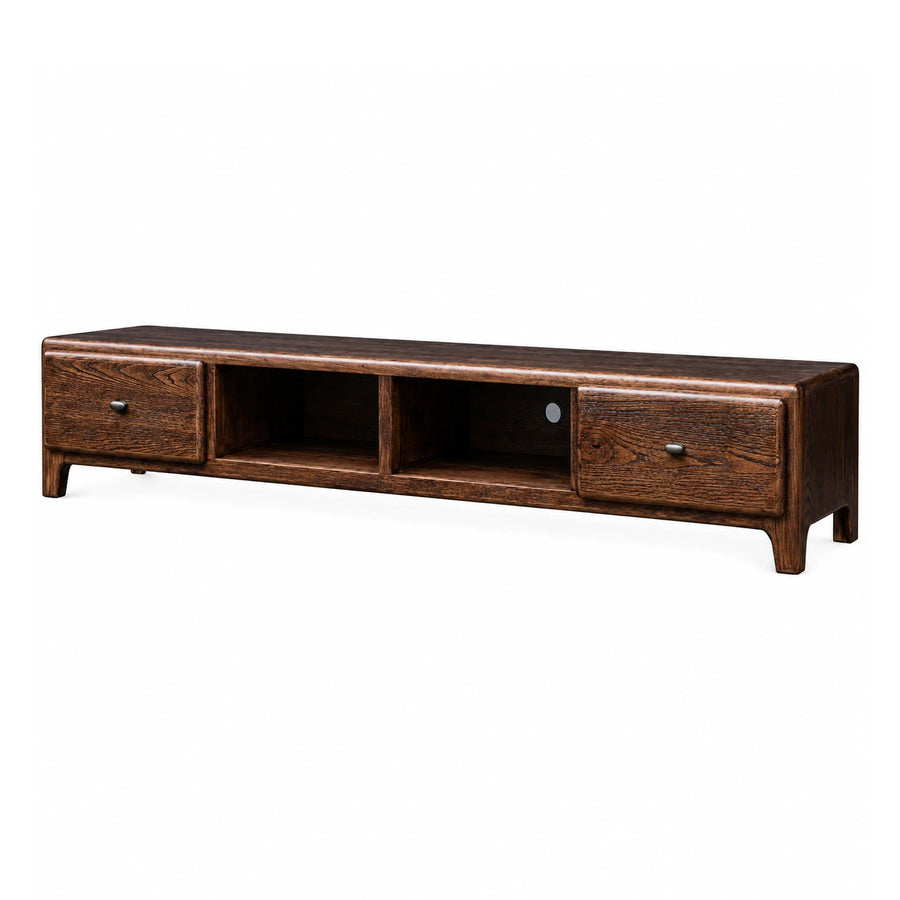 Dark Wood TV Stand with Drawers and Open Shelves